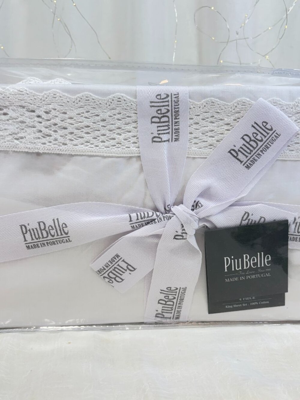 PiuBelle KING Sheet Set White Cotton Lace Made In PORTUGAL Luxury Linen 4PC